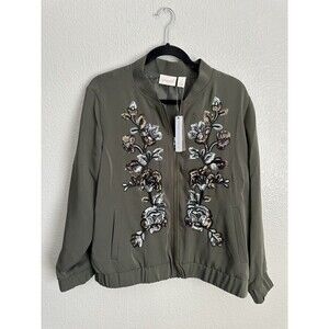 Chico's Embroidered Limited Bomber Jacket Size 3 XL Grape Leaf Sequins Full Zip